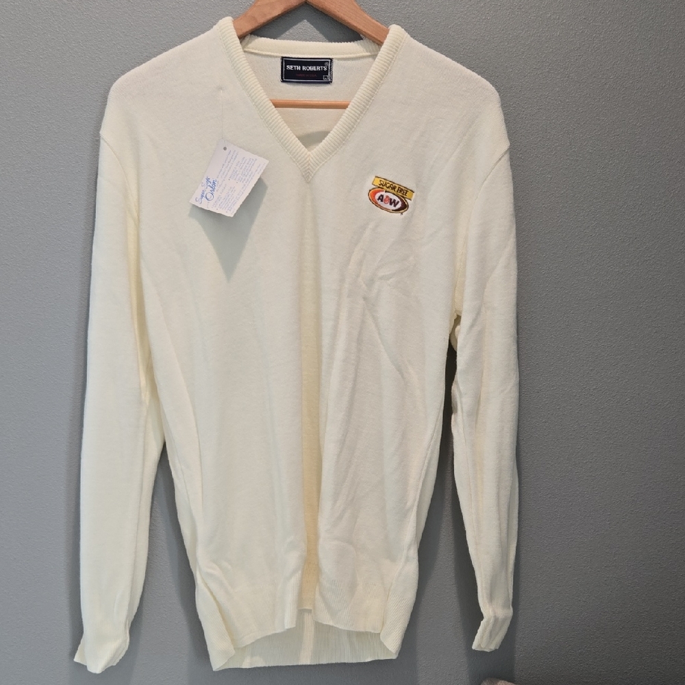 Vintage Cream V-Neck Sweater with A&W Patch